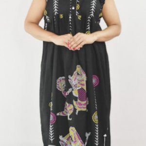 Black Cotton Maxi Nighty Round Neck Short Sleeve With Button