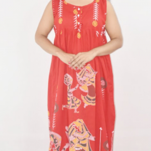 Red Cotton Maxi Nighty Round Neck Short Sleeve With Button