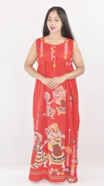 Red Cotton Maxi Nighty Round Neck Short Sleeve With Button