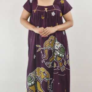BDROX Purple Cotton Maxi Nighty Square Neck Short Sleeves with Pipien