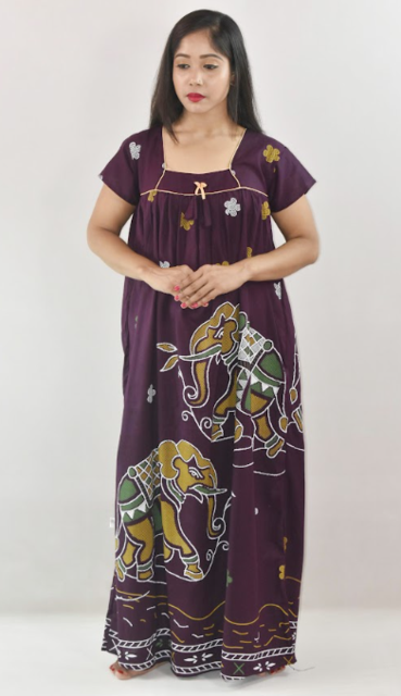 BDROX Purple Cotton Maxi Nighty Square Neck Short Sleeves with Pipien
