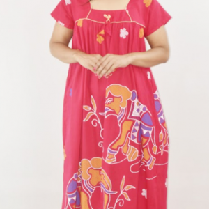 Pink Cotton Maxi Nighty Square Neck Short Sleeves with Pipien
