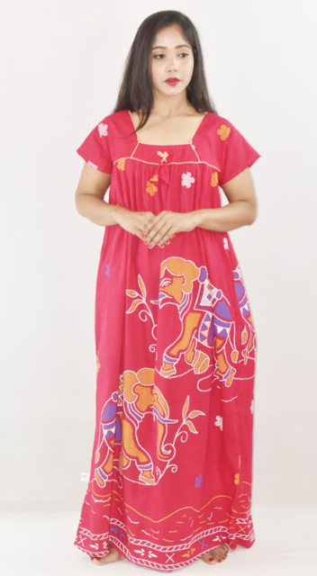 Pink Cotton Maxi Nighty Square Neck Short Sleeves with Pipien