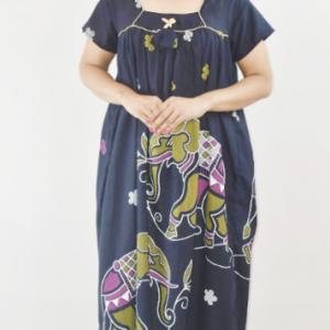 Blue Cotton Maxi Nighty Square Neck Short Sleeves with Pipien