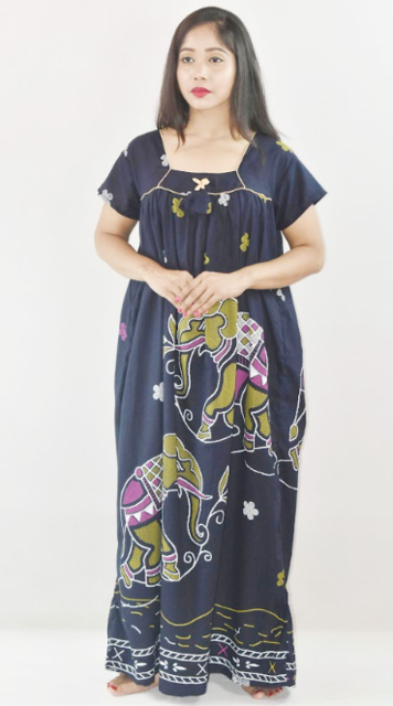 Blue Cotton Maxi Nighty Square Neck Short Sleeves with Pipien