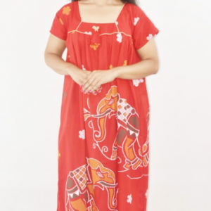 Red Cotton Maxi Nighty Square Neck Short Sleeves with Pipien