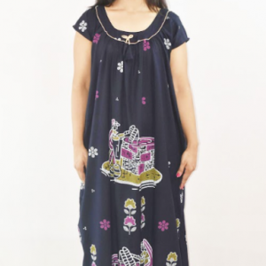BDROX Blue Cotton Maxi Nighty Round Neck Short Sleeves with Pipien