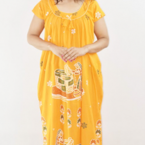 Yellow Cotton Maxi Nighty Round Neck Short Sleeves with Pipien