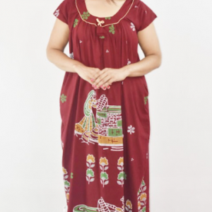 Maroon Cotton Maxi Nighty Round Neck Short Sleeves with Pipien