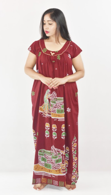 Maroon Cotton Maxi Nighty Round Neck Short Sleeves with Pipien