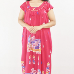 Pink Cotton Maxi Nighty Round Neck Short Sleeves with Pipien