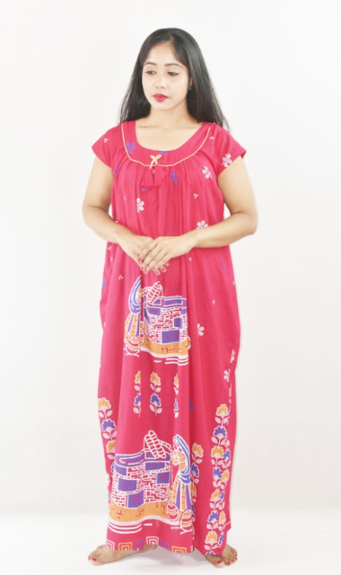 Pink Cotton Maxi Nighty Round Neck Short Sleeves with Pipien
