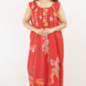 BDROX Red Cotton Maxi Nighty Round Neck Sleeveless with Button