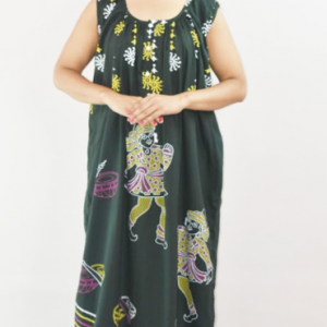 Green Cotton Maxi Nighty Round Neck Sleeveless with Button
