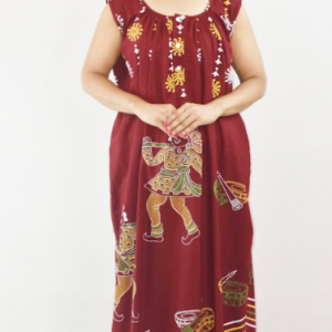 Maroon Cotton Maxi Nighty Round Neck Sleeveless with Button