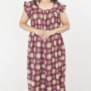 BDROX Purple Cotton Maxi Nighty Square Neck Short Sleeves with pleats