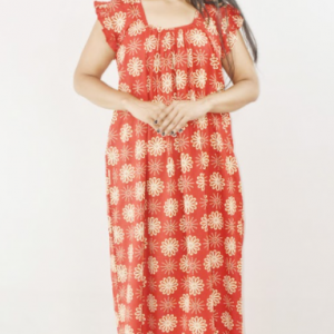 Red Cotton Maxi Nighty Square Neck Short Sleeves with pleats
