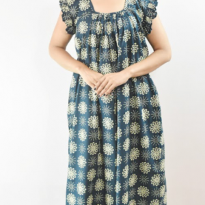 Blue Cotton Maxi Nighty Square Neck Short Sleeves with pleats