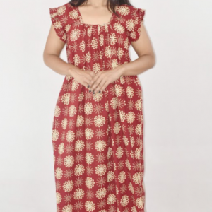 Maroon Cotton Maxi Nighty Square Neck Short Sleeves with pleats