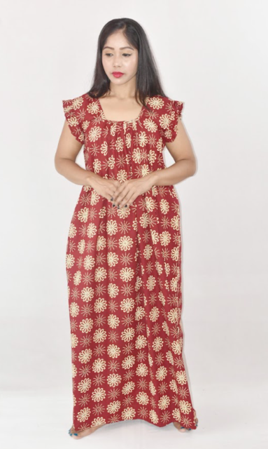 Maroon Cotton Maxi Nighty Square Neck Short Sleeves with pleats