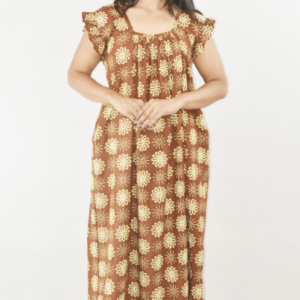 Brown Cotton Maxi Nighty Square Neck Short Sleeves with pleats
