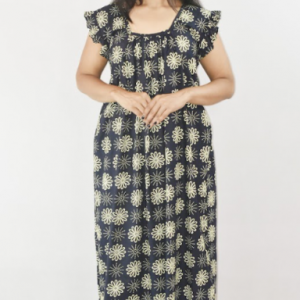 Navy Blue Cotton Maxi Nighty Square Neck Short Sleeves with pleats