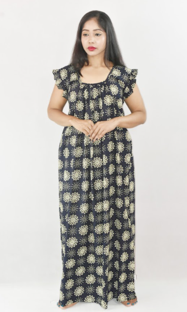 Navy Blue Cotton Maxi Nighty Square Neck Short Sleeves with pleats