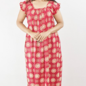 Pink Cotton Maxi Nighty Square Neck Short Sleeves with pleats