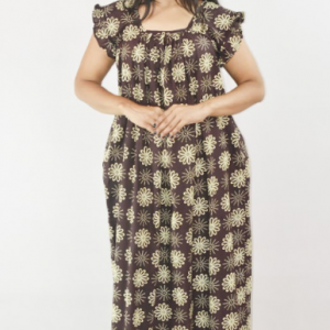 Black Cotton Maxi Nighty Square Neck Short Sleeves with pleats