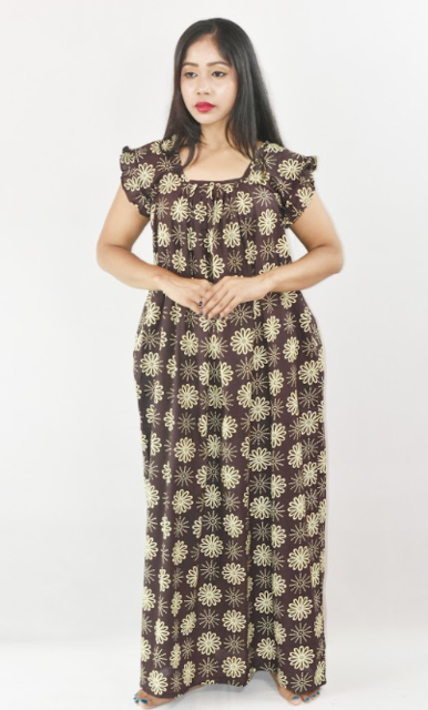 Black Cotton Maxi Nighty Square Neck Short Sleeves with pleats