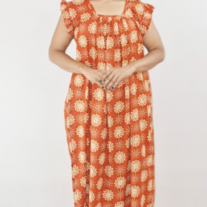 Orange Cotton Maxi Nighty Square Neck Short Sleeves with pleats