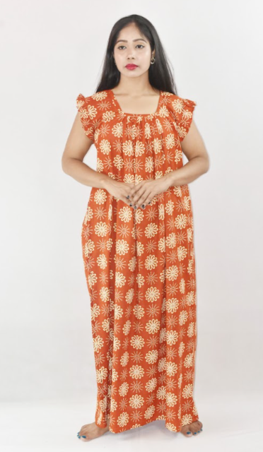 Orange Cotton Maxi Nighty Square Neck Short Sleeves with pleats