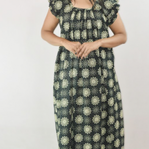 Green Cotton Maxi Nighty Square Neck Short Sleeves with pleats