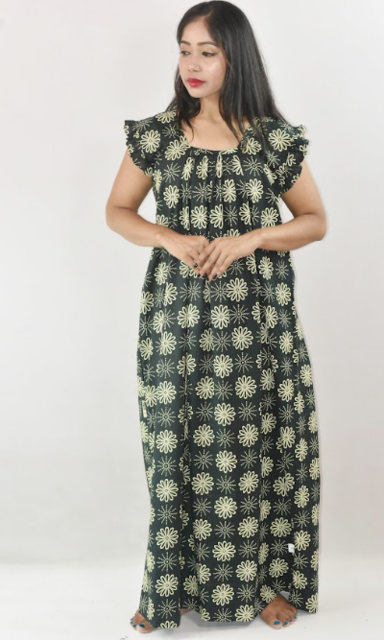 Green Cotton Maxi Nighty Square Neck Short Sleeves with pleats