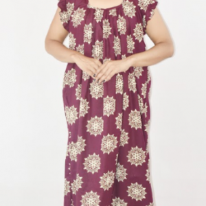 BDROX Purple Cotton Maxi Nighty Square Neck Short Sleeves with pleats