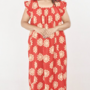 Red Cotton Maxi Nighty Square Neck Short Sleeves with pleats