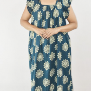 Blue Cotton Maxi Nighty Square Neck Short Sleeves with pleats