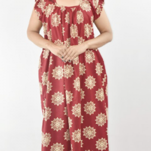 Maroon Cotton Maxi Nighty Square Neck Short Sleeves with pleats