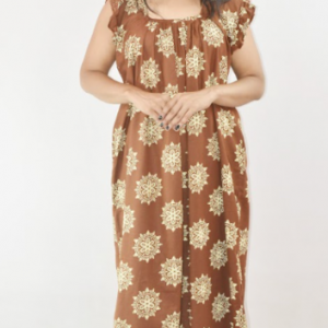 Brown Cotton Maxi Nighty Square Neck Short Sleeves with pleats