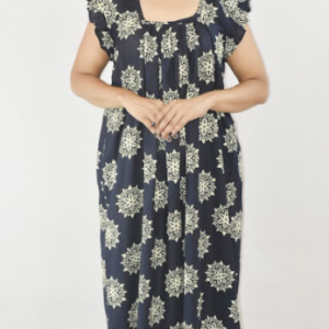 Navy Blue Cotton Maxi Nighty Square Neck Short Sleeves with pleats