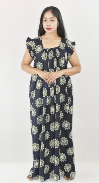 Navy Blue Cotton Maxi Nighty Square Neck Short Sleeves with pleats