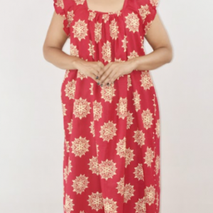 Pink8 Cotton Maxi Nighty Square Neck Short Sleeves with pleats