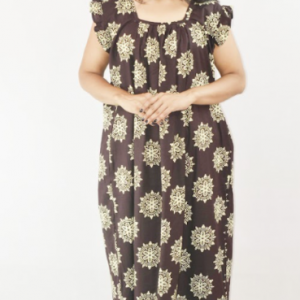 Black Cotton Maxi Nighty Square Neck Short Sleeves with pleats