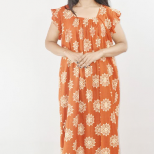 Orange Cotton Maxi Nighty Square Neck Short Sleeves with pleats