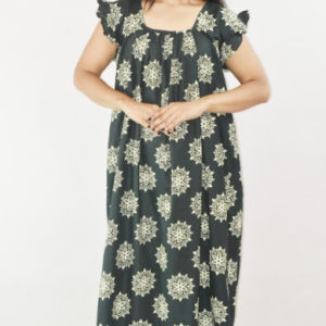 BDROX Green Cotton Maxi Nighty Square Neck Short Sleeves with pleats