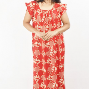 BDROX Red Cotton Maxi Nighty Square Neck Short Sleeves with pleats