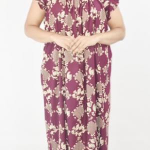 Purple Cotton Maxi Nighty Square Neck Short Sleeves with pleats