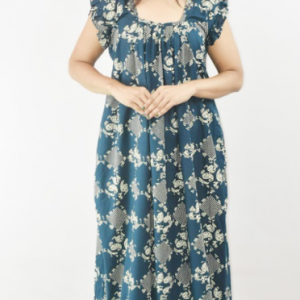 Blue Cotton Maxi Nighty Square Neck Short Sleeves with pleats