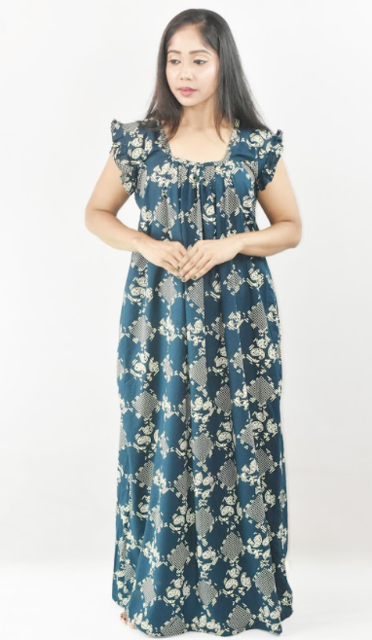 Blue Cotton Maxi Nighty Square Neck Short Sleeves with pleats