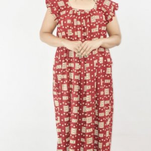Maroon Cotton Maxi Nighty Square Neck Short Sleeves with pleats